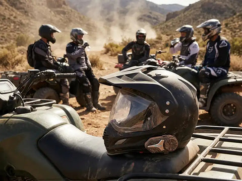 ATV helmet intercom placed on the ATV with riders resting in back
