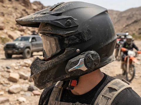 A close-up look of Moman CP-X - an off road helmet intercom headset for communication