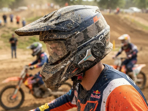 Close-up of a rider wearing a muddy helmet equipped with Moman CP-X the best dirt bike helmet communication systems