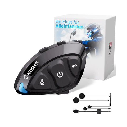 Download Moman RS-S wireless motorcycle headset manual & catalog; it comes in black and has 5 control buttons.