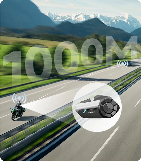 Moman H2S 2 way motorcycle helmet intercom offers a 1000m intercom range.