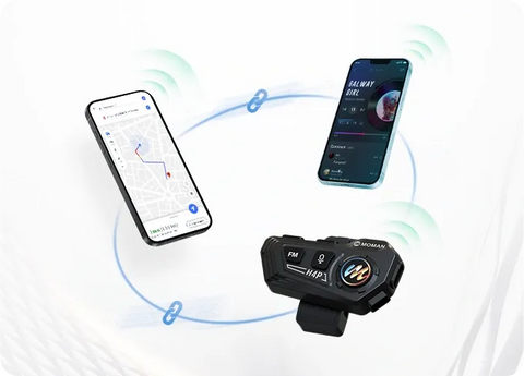 Moman RS-H4P Bluetooth headset with mic for motorcycle helmet can connect to two devices at the same time.