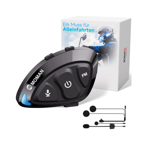 Download Moman RS-S wireless motorcycle headset manual & catalog; it comes in black and has 5 control buttons.