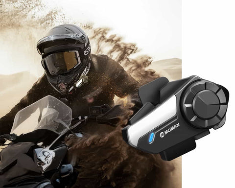 Moman H2S wireless helmet intercom fits the full-face helmet and has a big control knob.