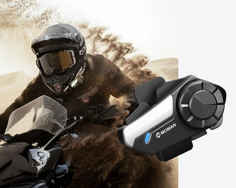 Moman H2S wireless helmet intercom fits the full-face helmet and has a big control knob.