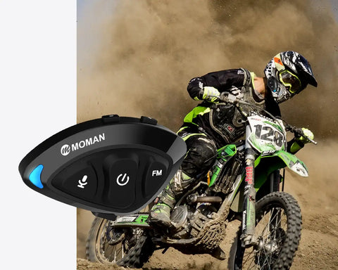 Moman RS-S comes in all black, mounted on the helmet used for dirt biking.