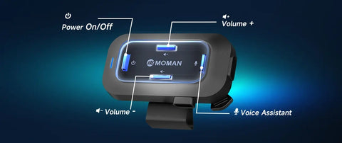 Moman RS-C carries 4 raised buttons on the front for on/off, volume control, and voice assistant activation.