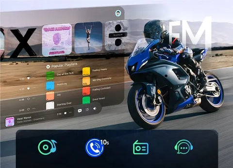 Wireless headset for motorcycle riders Moman RS-C enables music playback, FM radio, and 10-second auto phone call taking.
