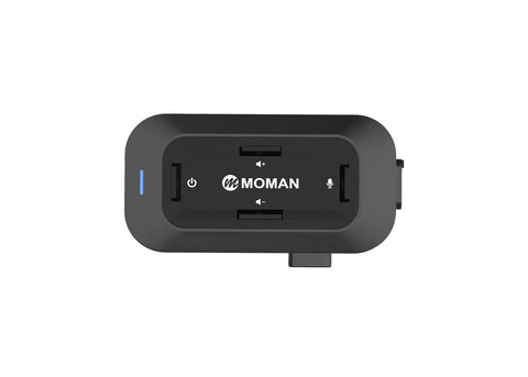 Moman RS-C headset for motorcycle riders carries 4 buttons, an indicator light, a charging port, and an audio port on the body.