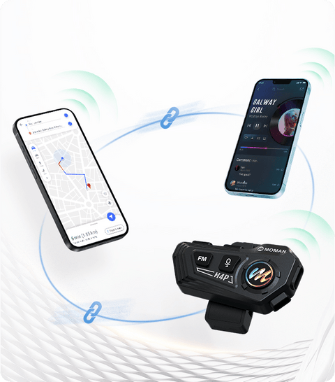 Moman RS-H4P Bluetooth headset with mic for motorcycle helmet can connect to two devices at the same time.